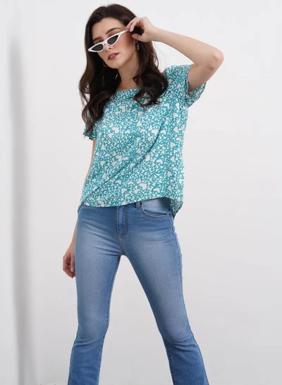 Buy Round Neck Printed Top Blue/White in Saudi Arabia