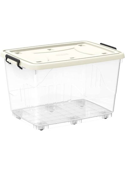 Buy Plastic Storage Box With Wheels And Lockable Lid Off White/Clear 82Liters in UAE