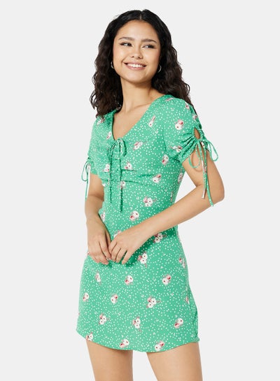 Buy Floral Print V Neck Mini Dress Green in Saudi Arabia