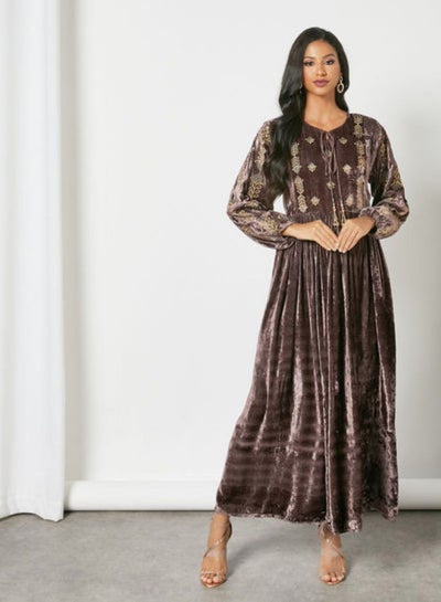 Buy Embroidered Tie-Up Neck Trendy Modest Jalabiya Brown in Saudi Arabia