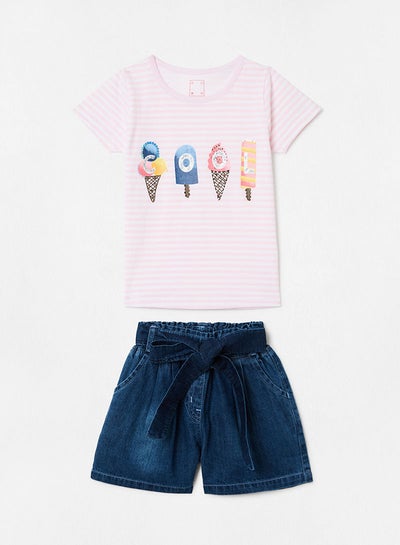 Buy Graphic T-Shirt And Denim Shorts Set Blue/Pink in Saudi Arabia