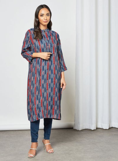 Buy Striped Pattern Mandarin Neck Mid Length Kurta Blue/Red in UAE