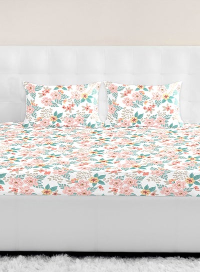 Buy Fitted Bedsheet Set Twin Size High Quality 100% Cotton Percale 144 TC Light Weight Everyday Use 1 Bed Sheet And 2 Pillow Cases Printed White/Pink/Green cotton White/Pink/Green 120 x 200 + 33cm in UAE