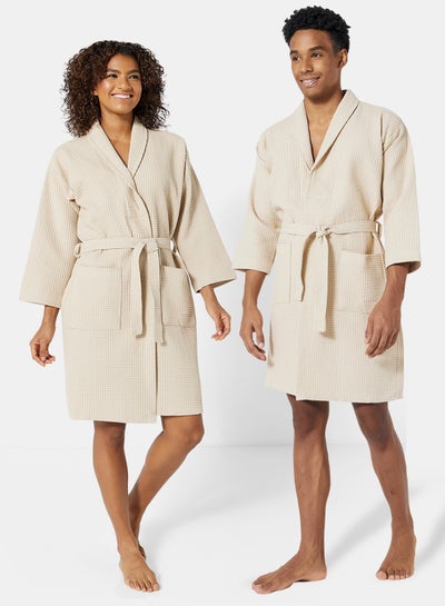 Buy Bathrobe - 280 GSM 100% Cotton Waffle Quick Dry And Lightweight - Shawl Collar & Pocket - Linen Color - 1 Piece Linen in UAE