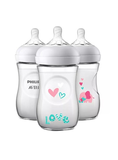 Buy 3-Pieces Natural Baby Bottle With Pink Elephant Design 260 ml in UAE