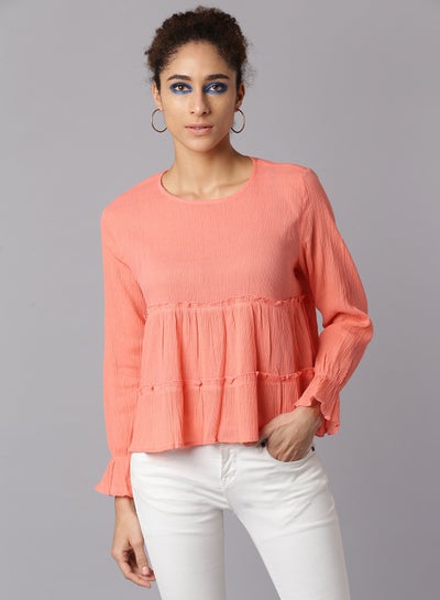 Buy Textured Pattern Pleated Long Sleeve Top Orange in Saudi Arabia