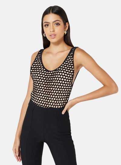 Buy Polka Dot Layered Mesh Swimsuit Beige/Black in Saudi Arabia