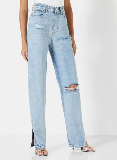 Buy Distressed Detail Straight Fit Jeans Blue in Egypt