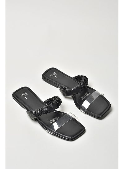 Buy Ruched Thin Strap Slip-On Flat Sandals Black/Clear in UAE