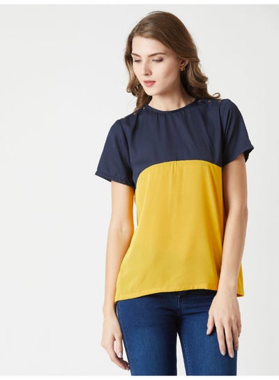 Buy Go Solo Eyelet Colourblock Top Yellow/Navy Blue in Saudi Arabia