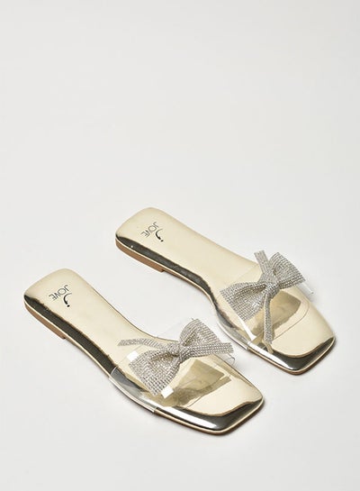 Buy Stone Embellished Broad Strap Square Toe Flat Sandals Gold/Clear/Silver in Saudi Arabia