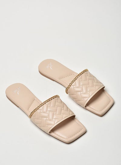 Buy Quilted Pattern Broad Strap Flat Sandals Beige in Saudi Arabia