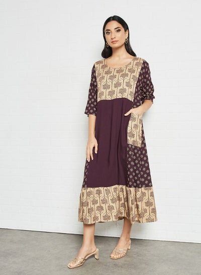 Buy Printed Pocket Detail Round Neck Midi Dress Beige/Purple in UAE