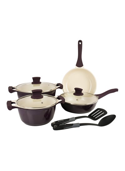 Buy 9-Piece Ceramic Design Bakelite Handle With Soft Touch Non Slip Cookware Set Includes 2xCasseroles 26 cm, 20 cm, 1xSaute Pan 24 cm, 1xFrypan 24 cm, 2xTurner, 3xGlass Lids Purple/Beige/Black 24cm in UAE