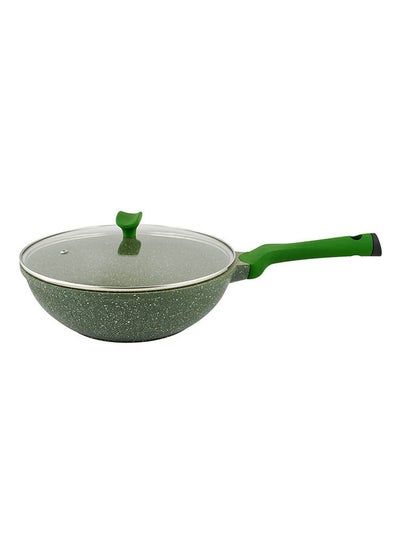 Buy Granite Non-Stick Aluminium Wok Pan With Lid Green/Clear 28cm in UAE