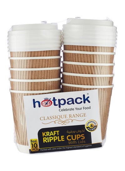 Buy 10-Piece Kraft Ripple Cup With Lid Set Brown/White in UAE