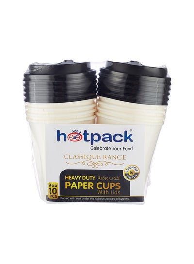 Buy 10-Piece Heavy Duty Paper Cup With Black Lid 8 Ounce White in UAE