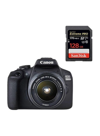 Buy EOS 2000D DSLR Camera With 18-55 DC Lens، 24.1 MP، APS-C Sensor، Optical Viewfinder With 128 GB Extreme Pro UHS-I SDXC Memory Card Bundel in UAE