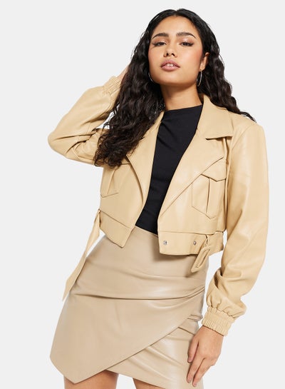 Buy Belted Cropped Faux Leather Jacket Beige in Saudi Arabia