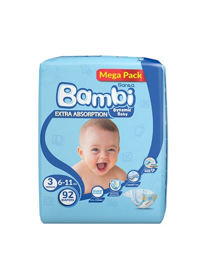 Buy Baby Diapers Size 3 6-11 Kg 92 Count Medium Mega Pack More Absorbent in Saudi Arabia