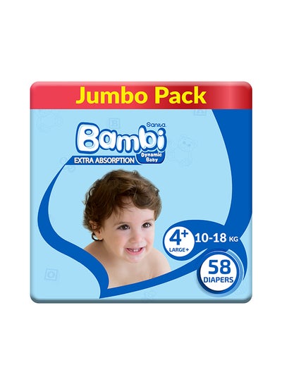 Buy Baby Diapers, Size 4+, 10 - 18 Kg, 58 Count - Large, Jumbo Pack, Now Thinner And More Absorbent in Saudi Arabia