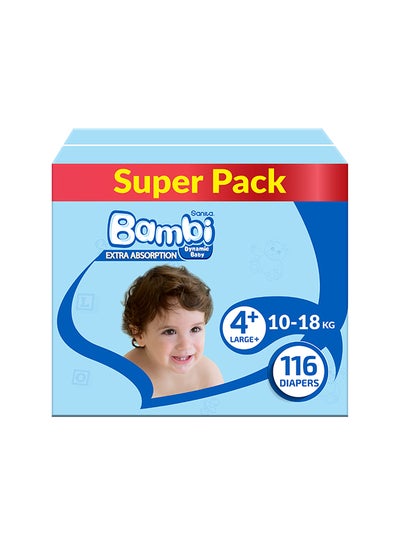 اشتري حفاضات اطفال سوبر باك مقاس 4+ كبير 10-18 كغ 116 قطعة في السعودية