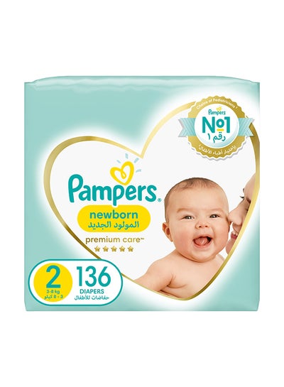 Buy Premium Care Newborn Taped Diapers, Size 2, 3-8kg,  Softest Absorption for Ultimate Skin Protection, 136 Count in UAE