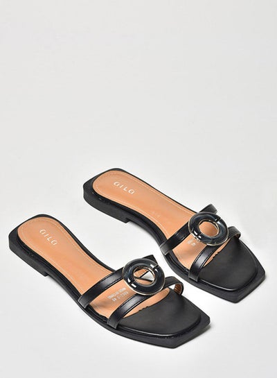 Buy Double Strap Detail Flat Sandals Black in Saudi Arabia