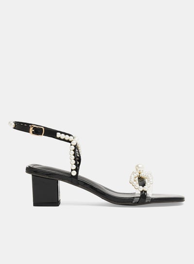 Buy Faux Pearl Buckle Sandals Black in Saudi Arabia