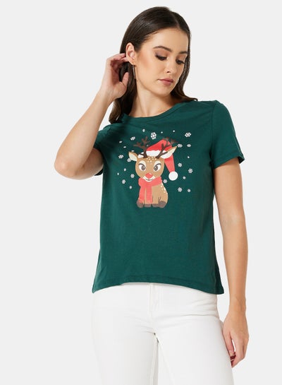 Buy Reindeer Graphic Christmas T-Shirt Green in UAE