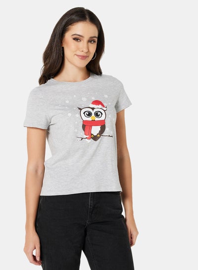 Buy Owl Graphic Christmas T-Shirt Grey in UAE