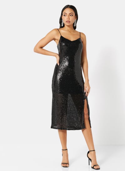 Buy Sequin Front Slit Midi Dress Black in Saudi Arabia