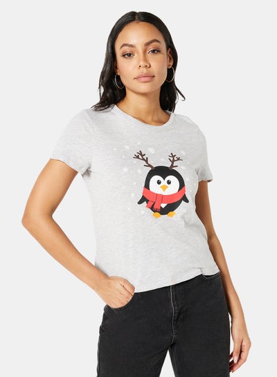 Buy Penguin Graphic Christmas T-Shirt Grey in UAE