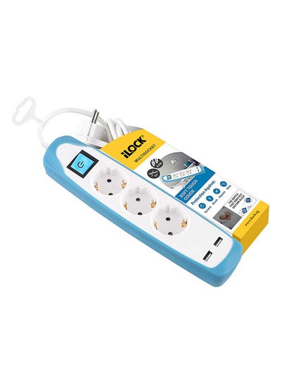 اشتري Power Strip 3 Outlets With Switch And 2 Certified USB 2.1 A أبيض/أزرق 2متر في مصر