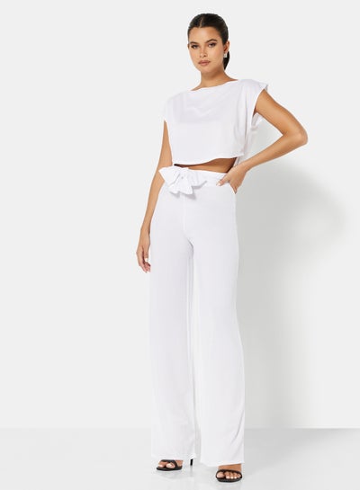 Buy Boat Neck Crop Top and Pants Set (Set of 2) White in Saudi Arabia