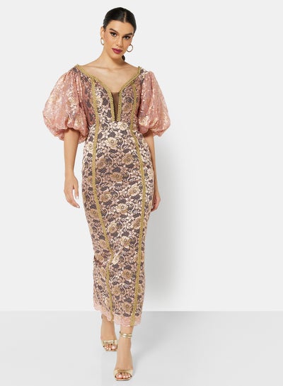 Buy Off Shoulder Metallic Lace Dress Pink in UAE