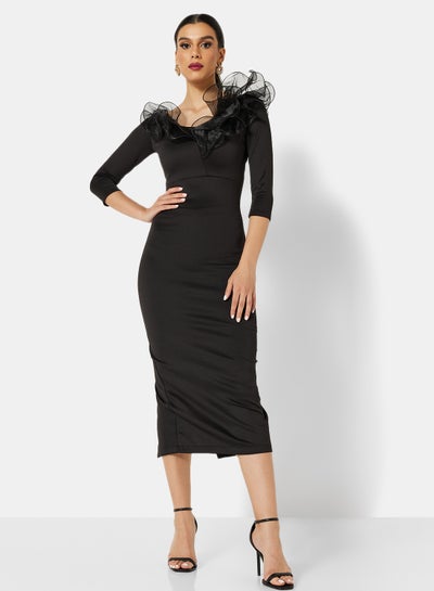 Buy Ruffled Neck Dress Black in UAE