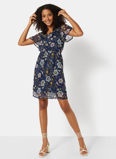 Buy Floral Print V-Neck Dress Navy in Saudi Arabia