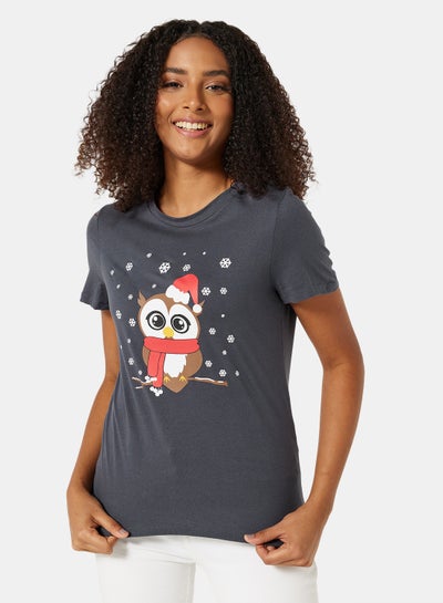 Buy Owl Graphic Christmas T-Shirt Navy in UAE