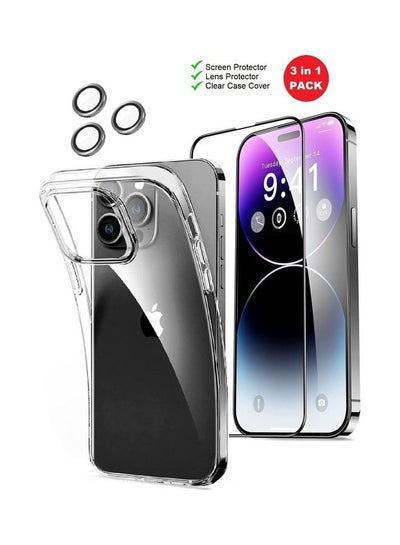 Buy 3Pack for iPhone 14 Pro Max Screen Protector Tempered Glass, Lens Protector and Clear Case Cover Full Coverage Front and Back Protection Clear/Grey in UAE