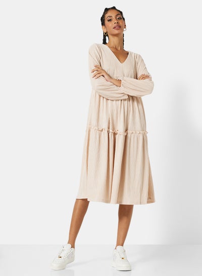 Buy Tiered Pleated Midi Dress Beige in UAE