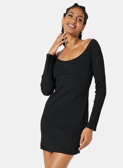 Buy Ribbed Bodycon Mini Dress Black in Saudi Arabia