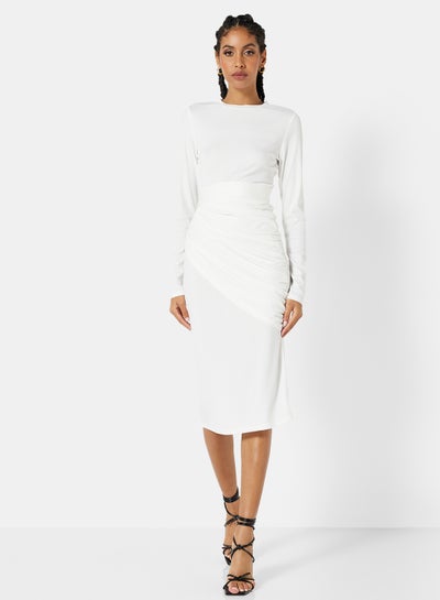 Buy Drape Belted Midi Dress White in UAE