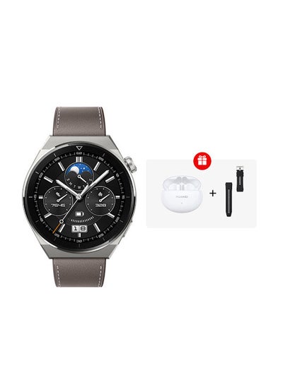 Buy 530.0 mAh GT 3 Pro Smart Watch Odin Classic Titanium Case with Leather Strap And Free Buds Grey in UAE