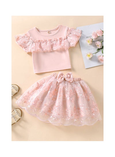 اشتري Girls Short Sleeve Lace Top Wave Skirt Two Piece Set في السعودية