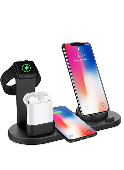 Buy 6 in 1 Wireless Charger Station for iPhone, Apple Watch, AirPods with Type-C, Micro-USB, Lightning Dock Compatible with Android/iOS Black/White in UAE