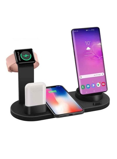 Buy 6 in 1 Wireless Charger Station for iPhone, Apple Watch, AirPods with Type-C, Micro-USB, Lightning Dock Compatible with Android/iOS Black in UAE