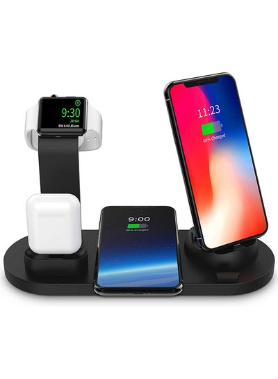 اشتري 6 in 1 Wireless Charger Station for iPhone, Apple Watch, AirPods with Type-C, Micro-USB, Lightning Dock Compatible with Android/iOS Black في الامارات