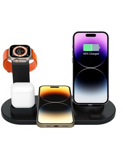 اشتري Wireless Charger Stand for iPhone 14 Series, Apple Watch Ultra/8, AirPods 6 in 1 Charging Station with Type-C, Micro-USB, Lightning Dock Compatible with Android/iOS أسود في السعودية