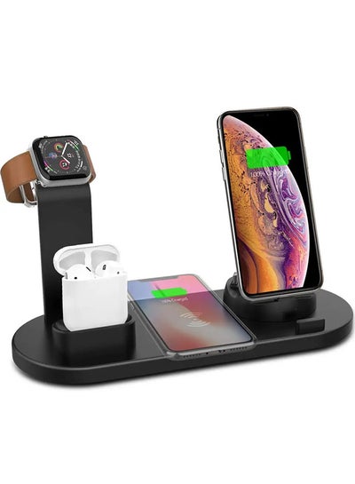 Buy 6 in 1 Wireless Charger Station for iPhone, Apple Watch, AirPods with Type-C, Micro-USB, Lightning Dock Compatible with Android/iOS Black in UAE